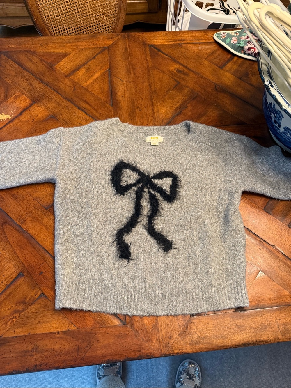 Anthropologie Gray Crewneck Sweater with Black Fuzzy Bow